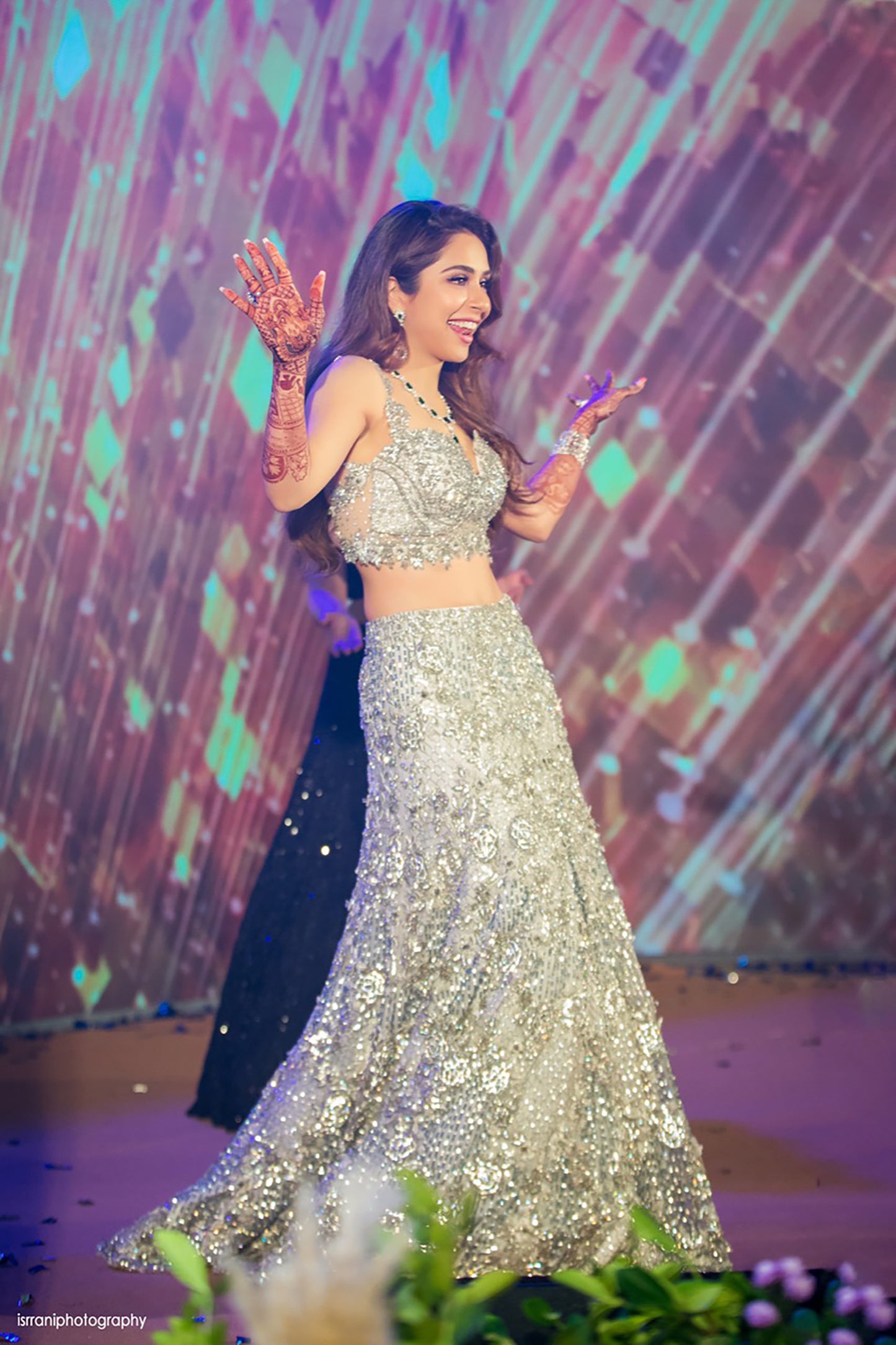 Embroidered Blouse, Flounced Lehenga, attached Dupatta