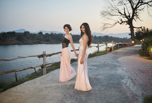 Pink & Black One Shoulder Saree Gown