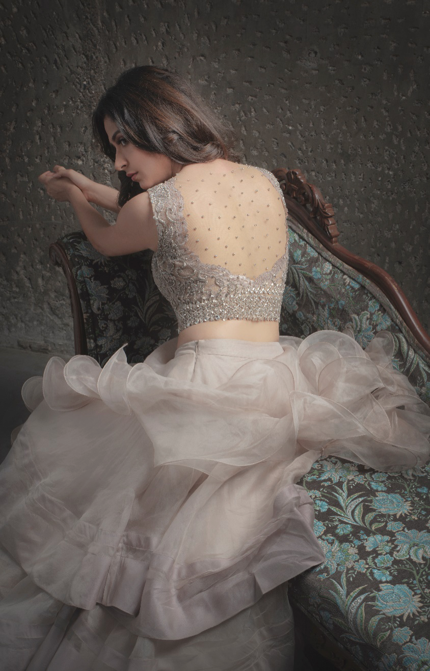 Champagne Ruffle layered skirt paired with Chantilly scallp blouse and ruffle duppatta