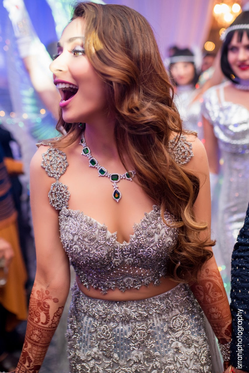 Embroidered Blouse, Flounced Lehenga, attached Dupatta