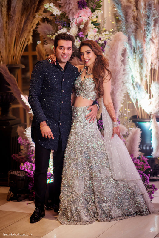 Embroidered Blouse, Flounced Lehenga, attached Dupatta