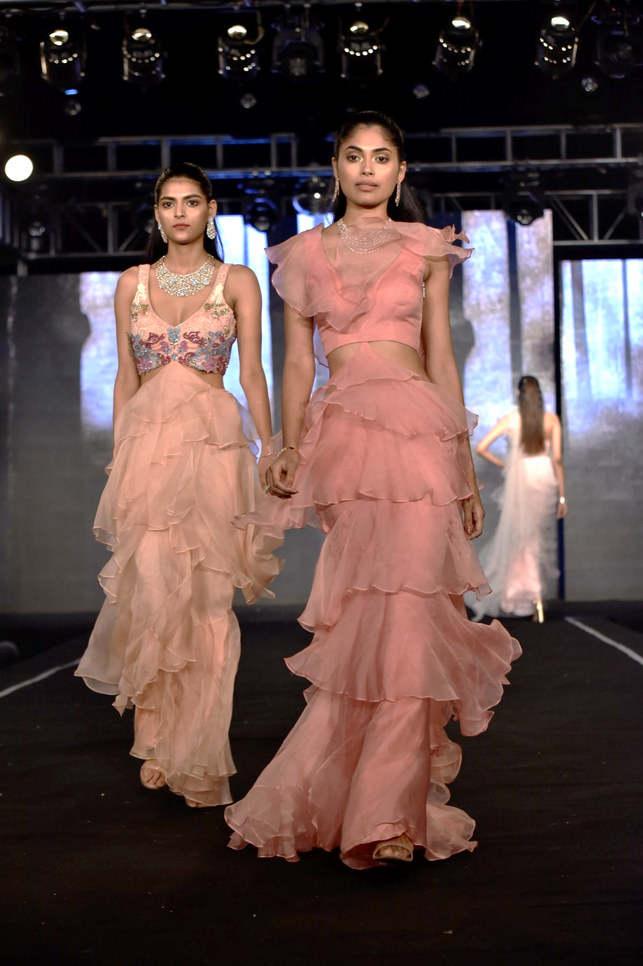 Rose Pink Layered Gown With Waist Cut Out