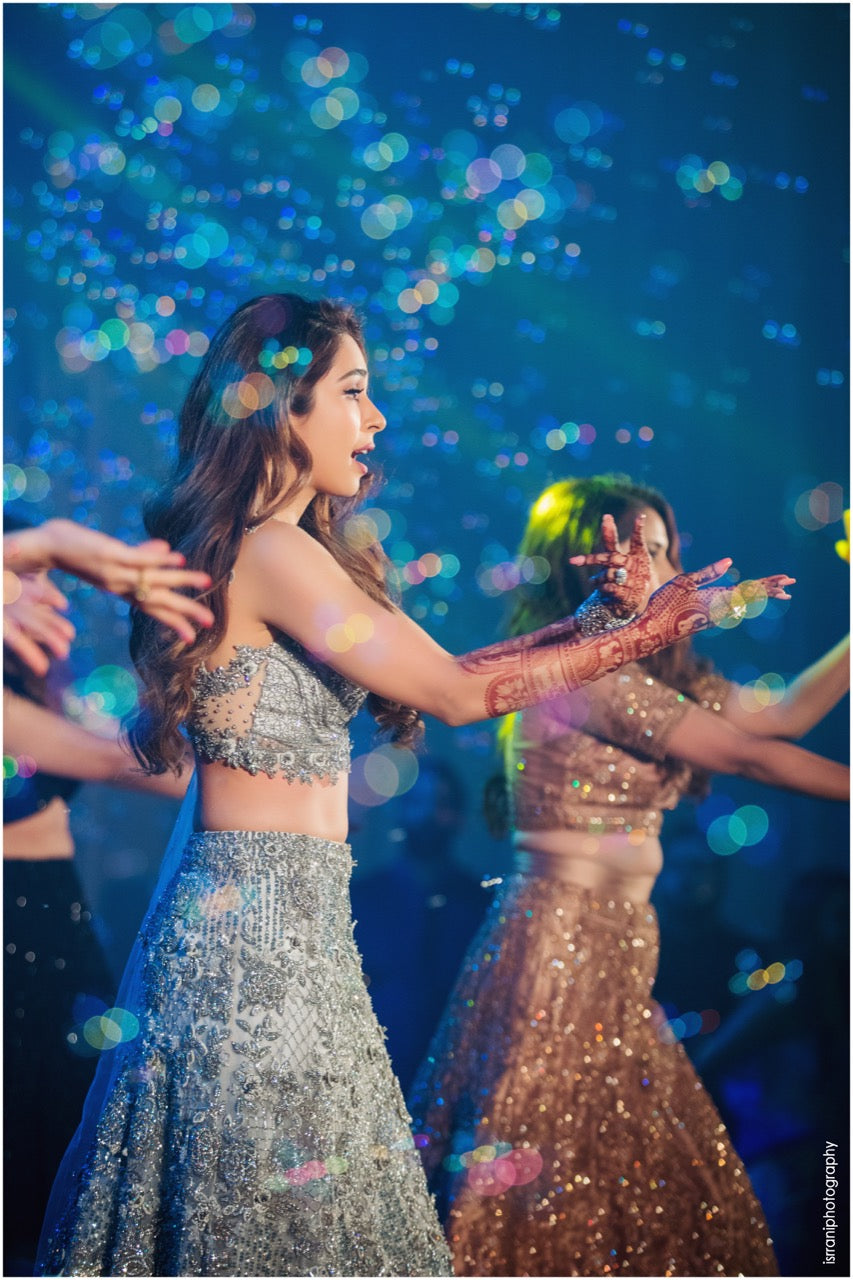 Embroidered Blouse, Flounced Lehenga, attached Dupatta
