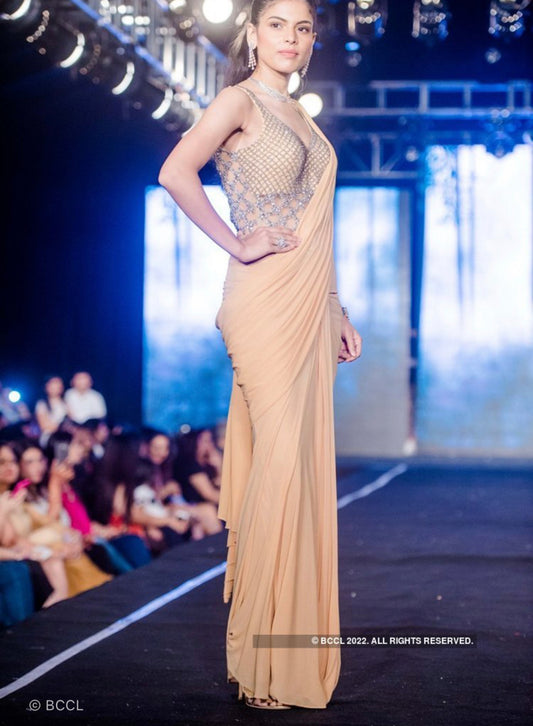 Nude Encrusted Mid Pleat Saree Gown