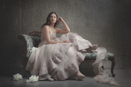 Champagne Ruffle layered skirt paired with Chantilly scallp blouse and ruffle duppatta