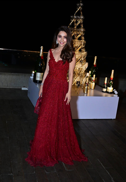 Red Embroidered Flounce Gown