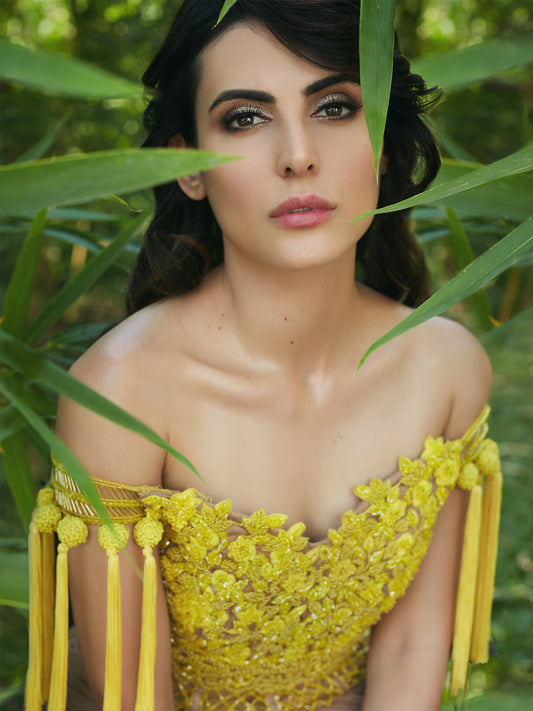 Oyester & yellow Off shoulder draped saree gown