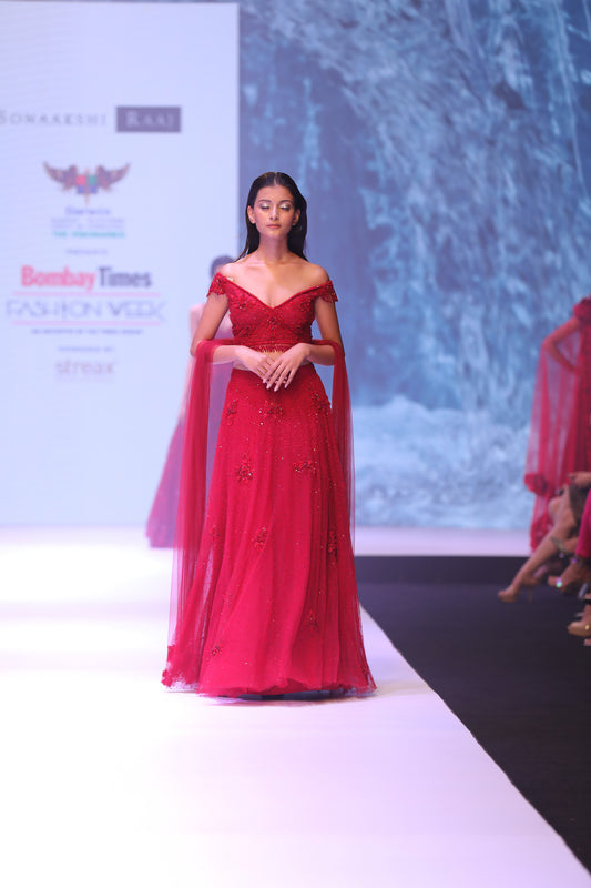 Off shoulder blouse with lehenga