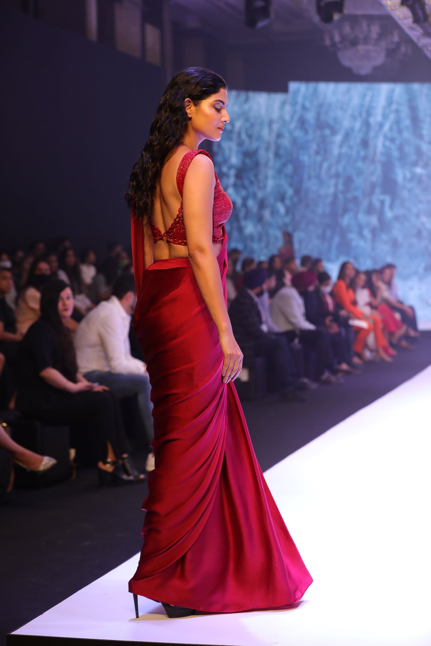 Pre draped saree with embellished blouse