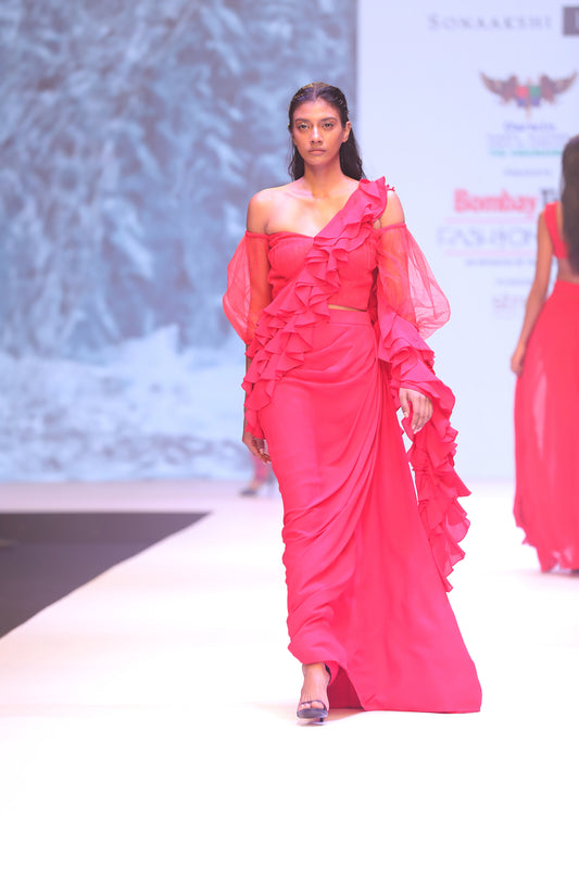 Off shoulder blouse with skirt saree