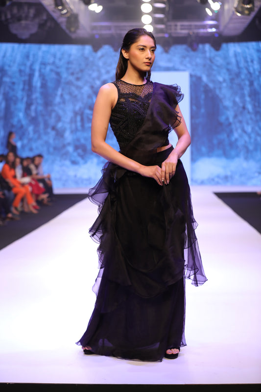 Black ruffle saree gown