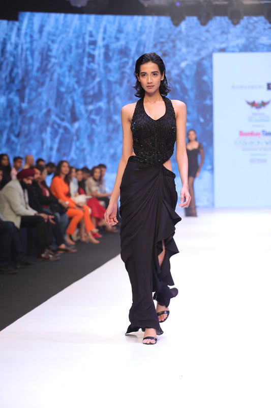 Halter neck cut waist ruffle gown