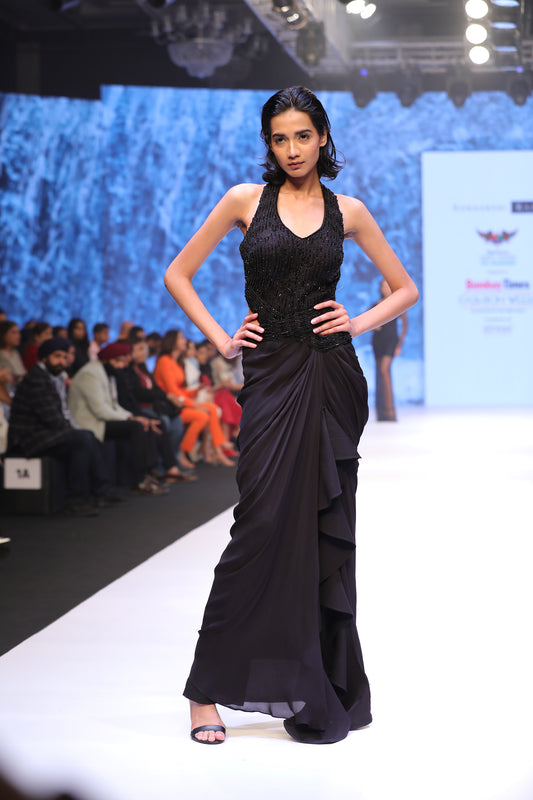 Halter neck cut waist ruffle gown