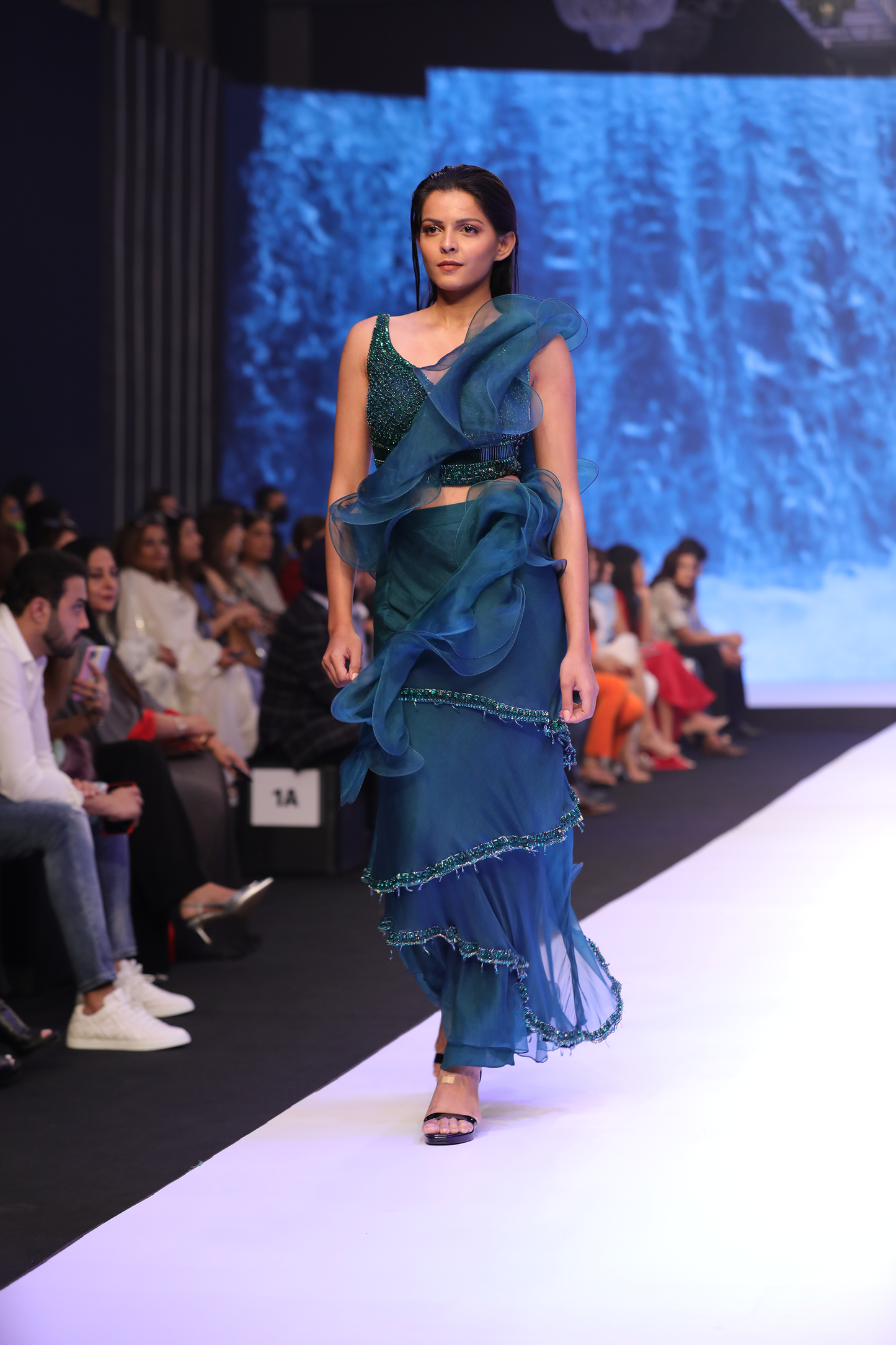 Ruffle saree with emb blouse