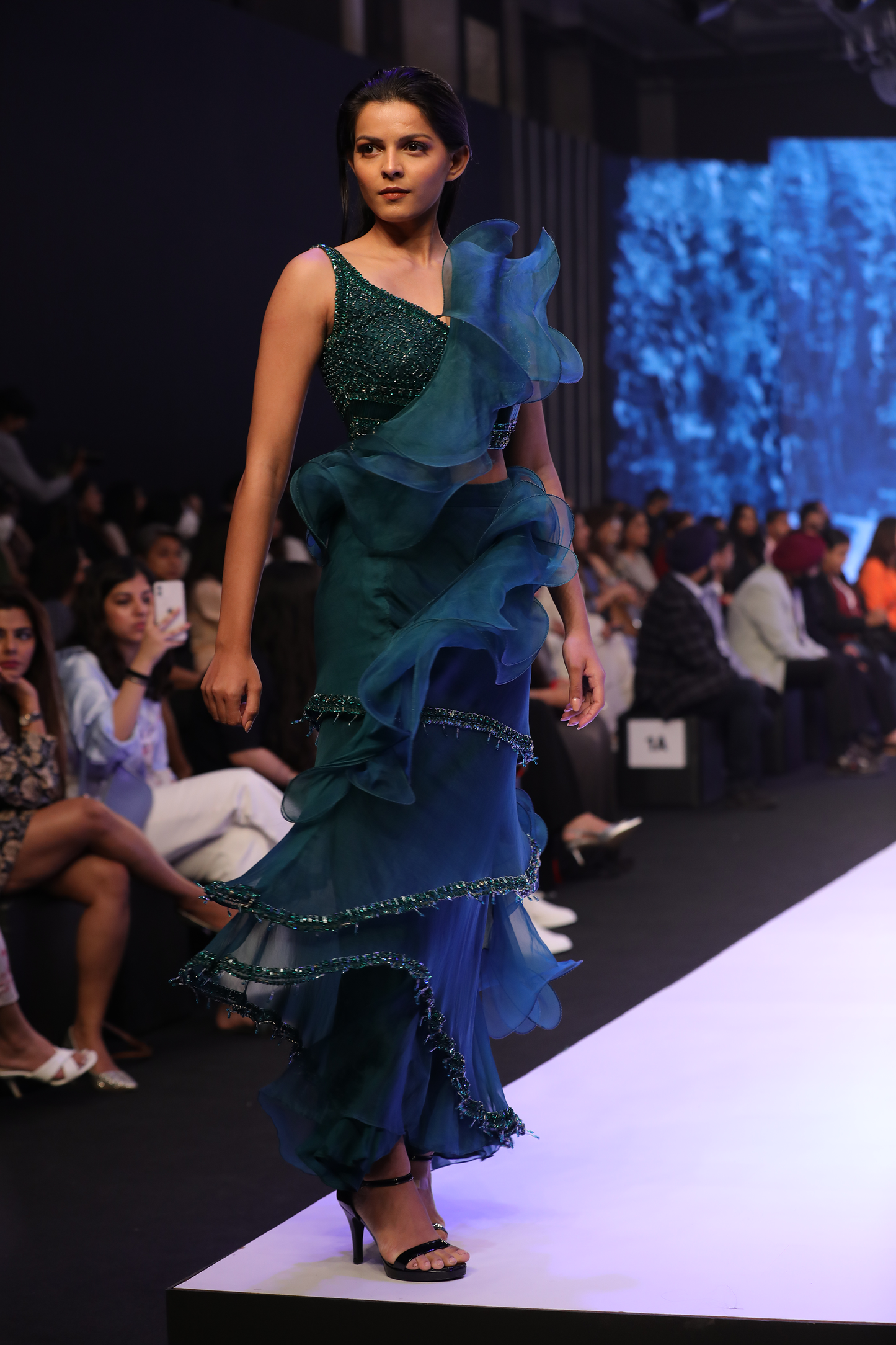 Ruffle saree with emb blouse