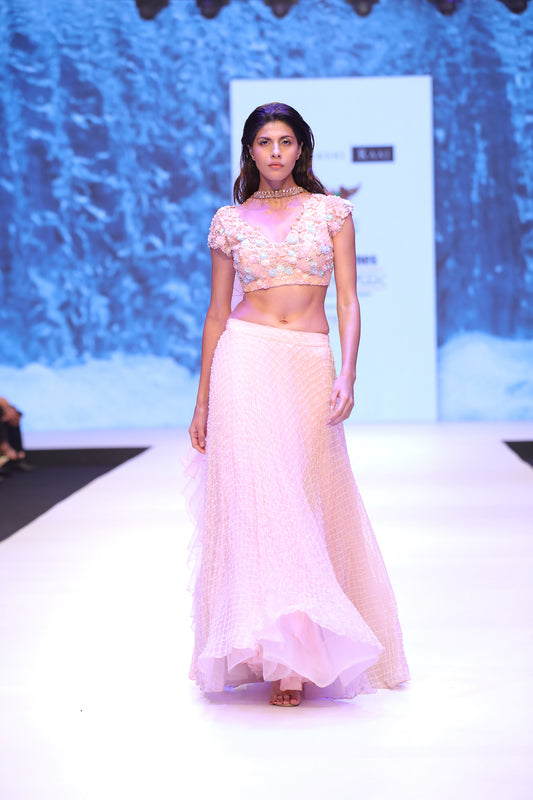 Blouse with lehenga and ruffle dupatta