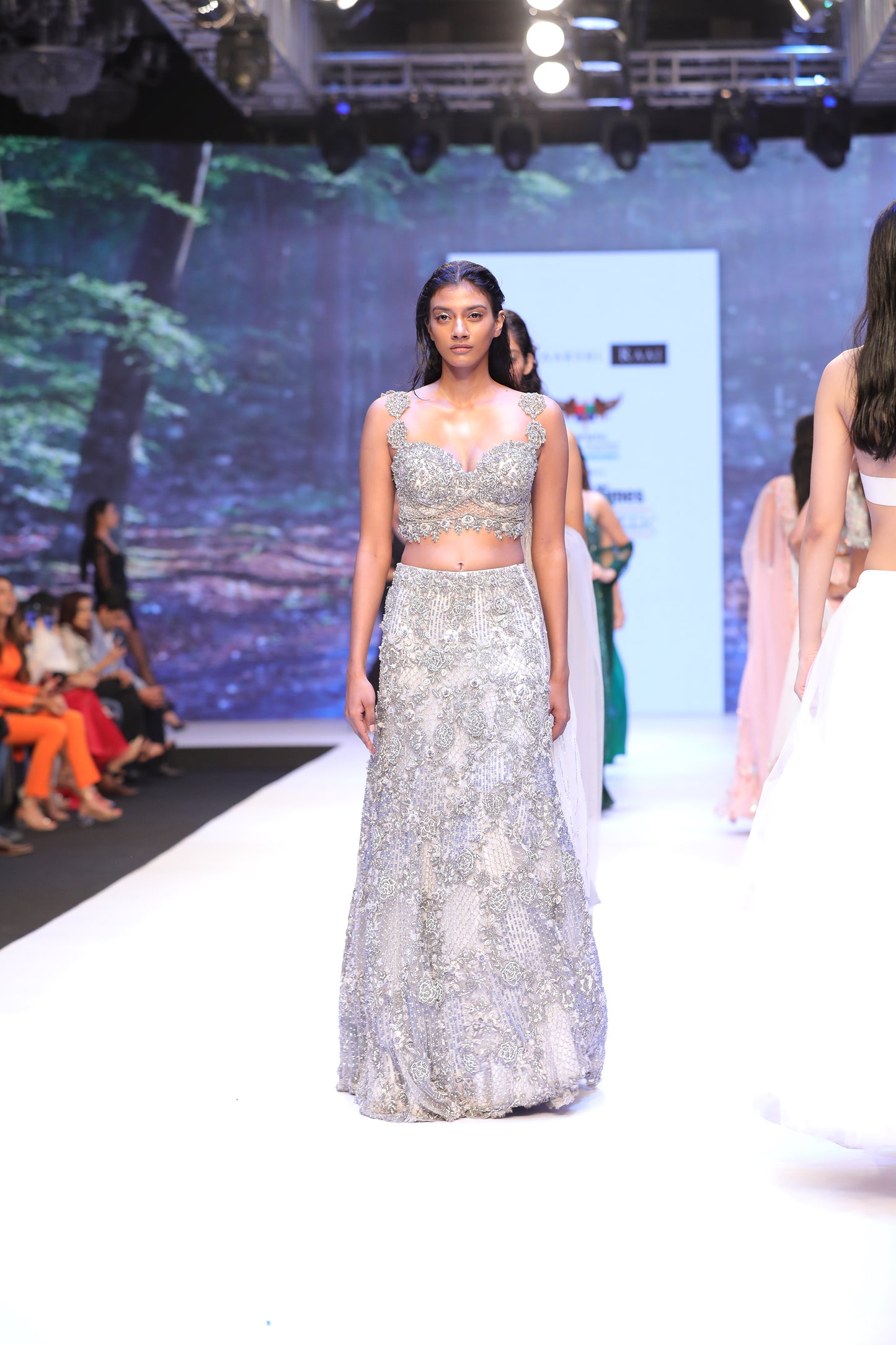 Embroidered Blouse, Flounced Lehenga, attached Dupatta