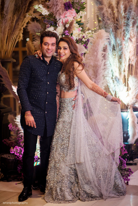 Embroidered Blouse, Flounced Lehenga, attached Dupatta