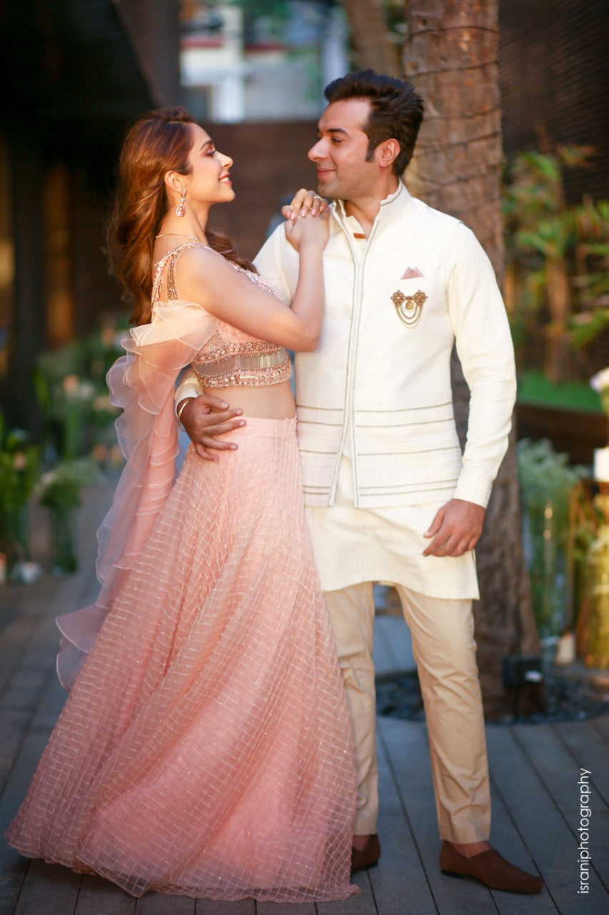 Salmon Crystal Embroidered Lehenga Set