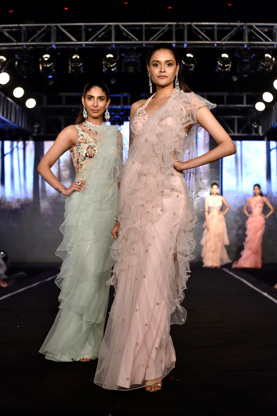 Ruffle saree gown with halter neck blouse