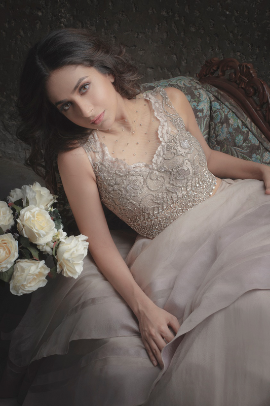 Champagne Ruffle layered skirt paired with Chantilly scallp blouse and ruffle duppatta