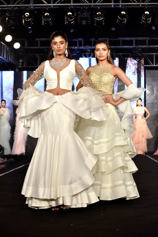 White Ruffle Sleeved Blouse With Layered Skirt