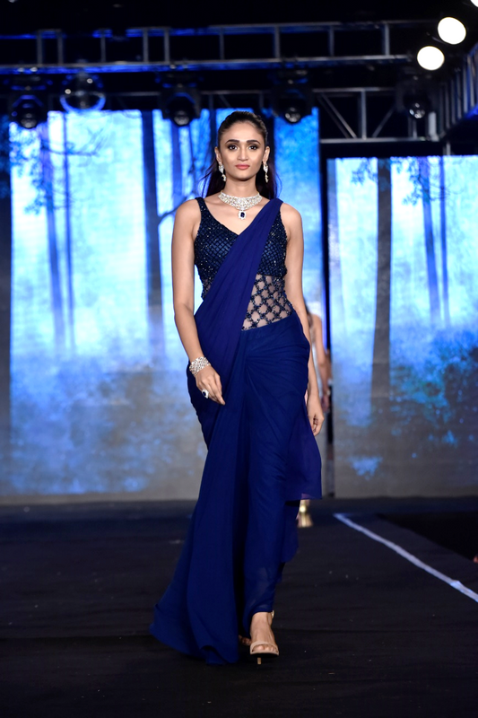 Navy Encrusted Mid Pleat Saree Gown
