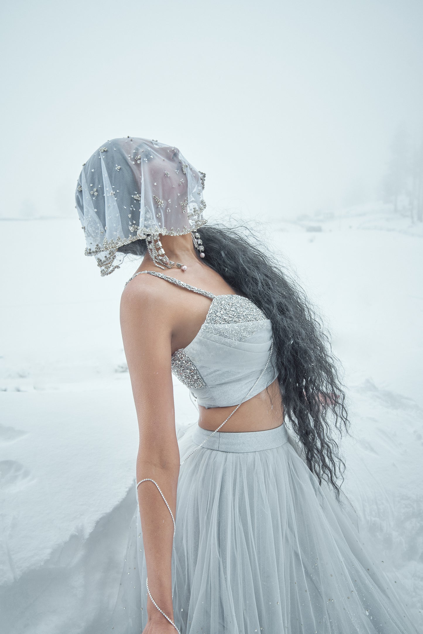 Aurora- Silver lehenga with embroidered blouse set