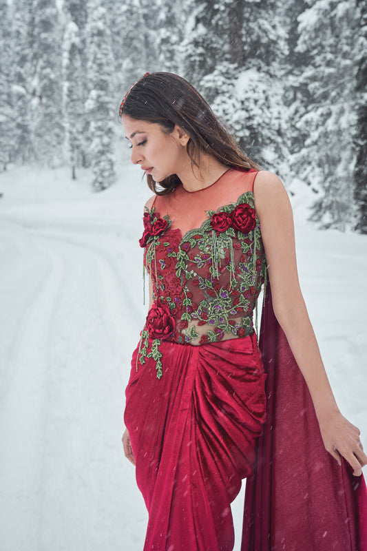 Rosanna- Red and Olive Victorian Rosette embroidered saree gown