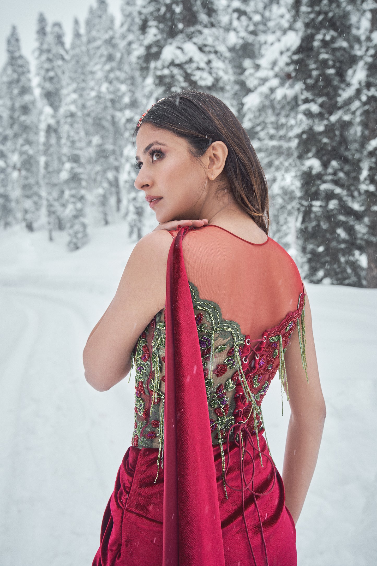Rosanna- Red and Olive Victorian Rosette embroidered saree gown