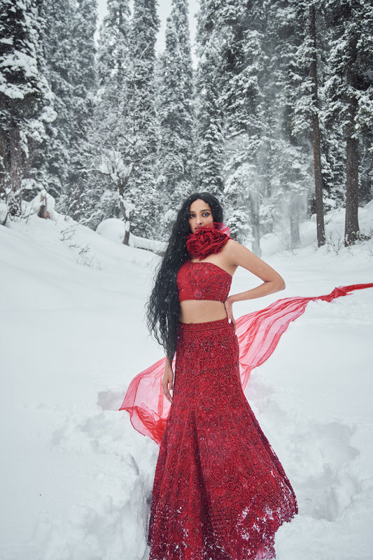 Savannah- Red embroidered rose lehenga set