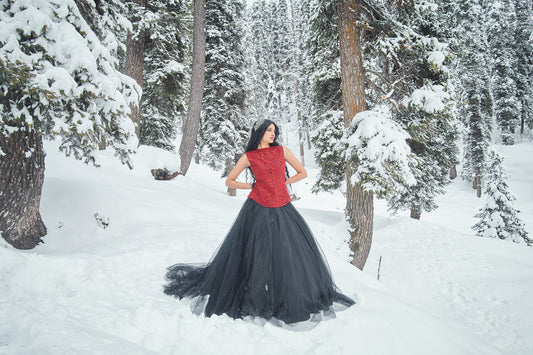 Leah- Red embroidered cutwork jacket, bustier with tuelle skirt