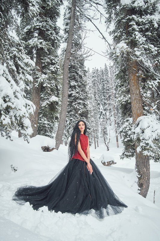 Leah- Red embroidered cutwork jacket, bustier with tuelle skirt