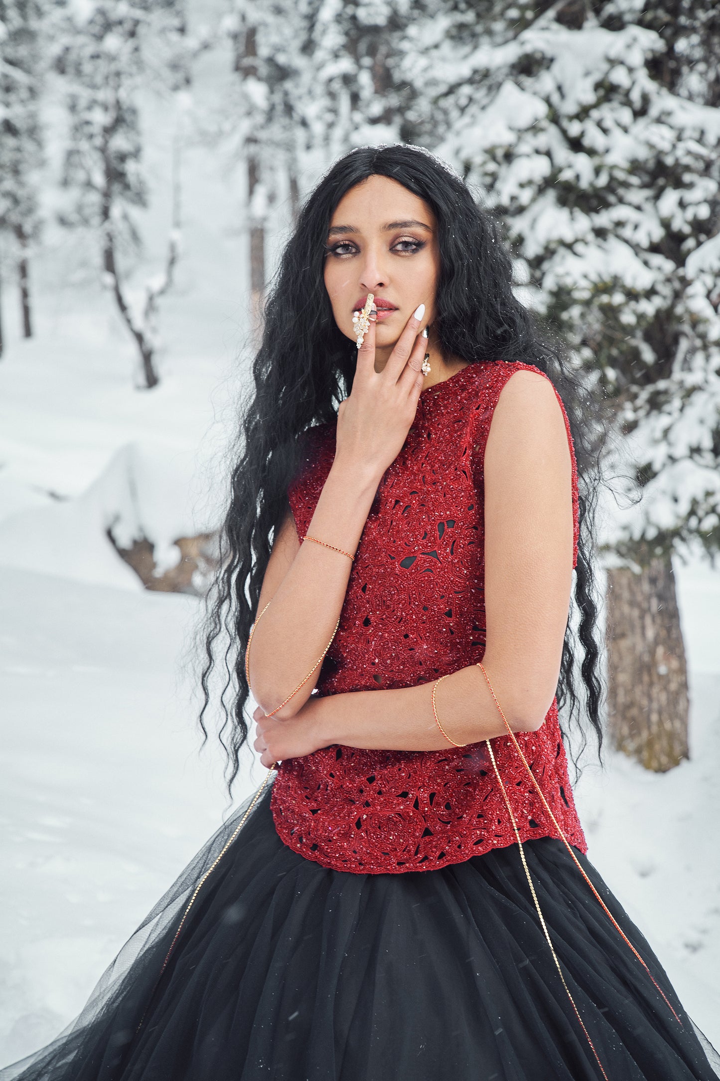 Leah- Red embroidered cutwork jacket, bustier with tuelle skirt