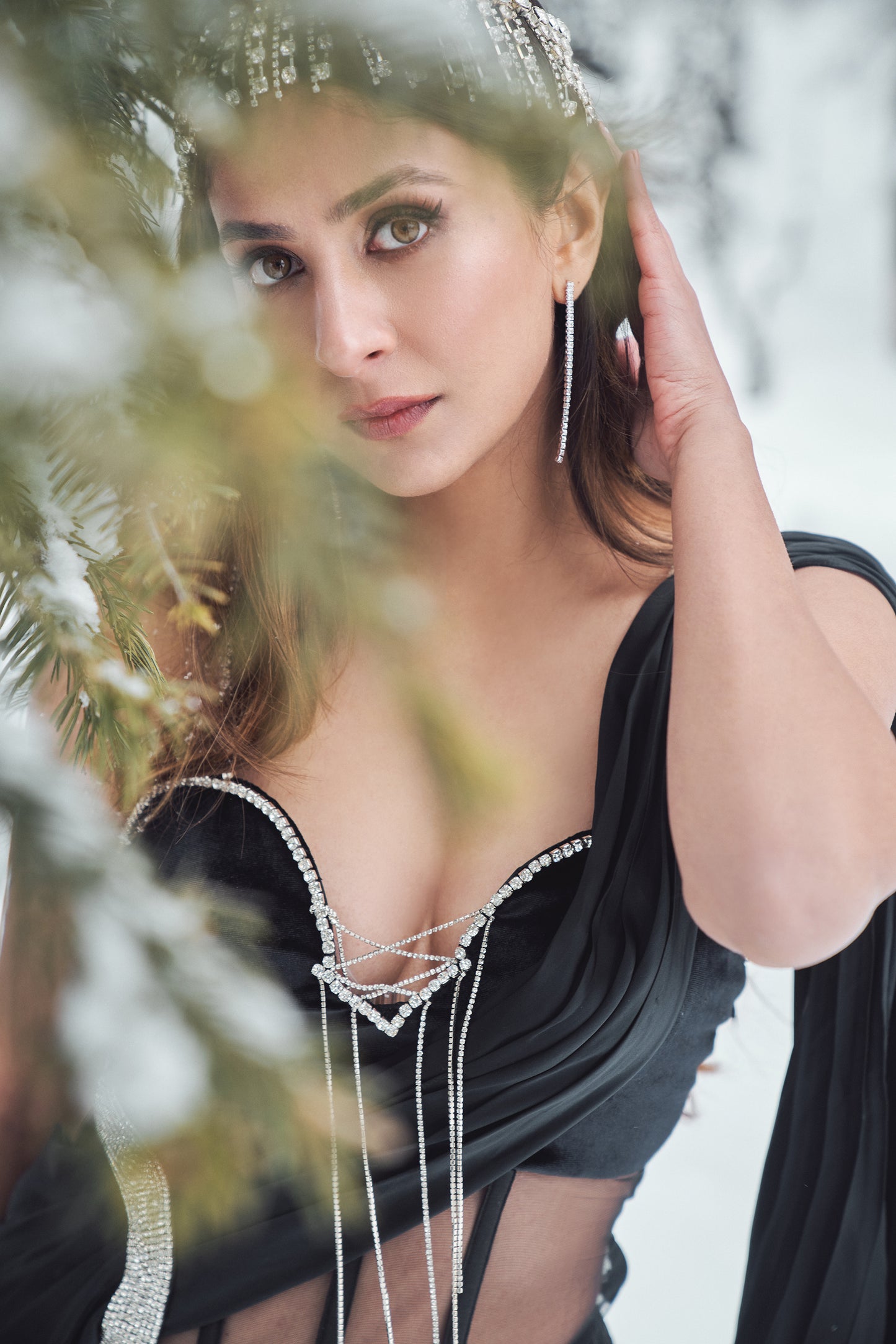 Mesha- Black crystal chainmail saree gown