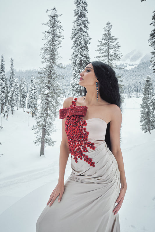 Ira- Champagne gown with Cherry blossom embroidered saree gown