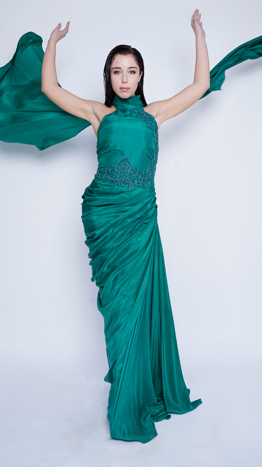 Teal green halter tie up embroidered gown