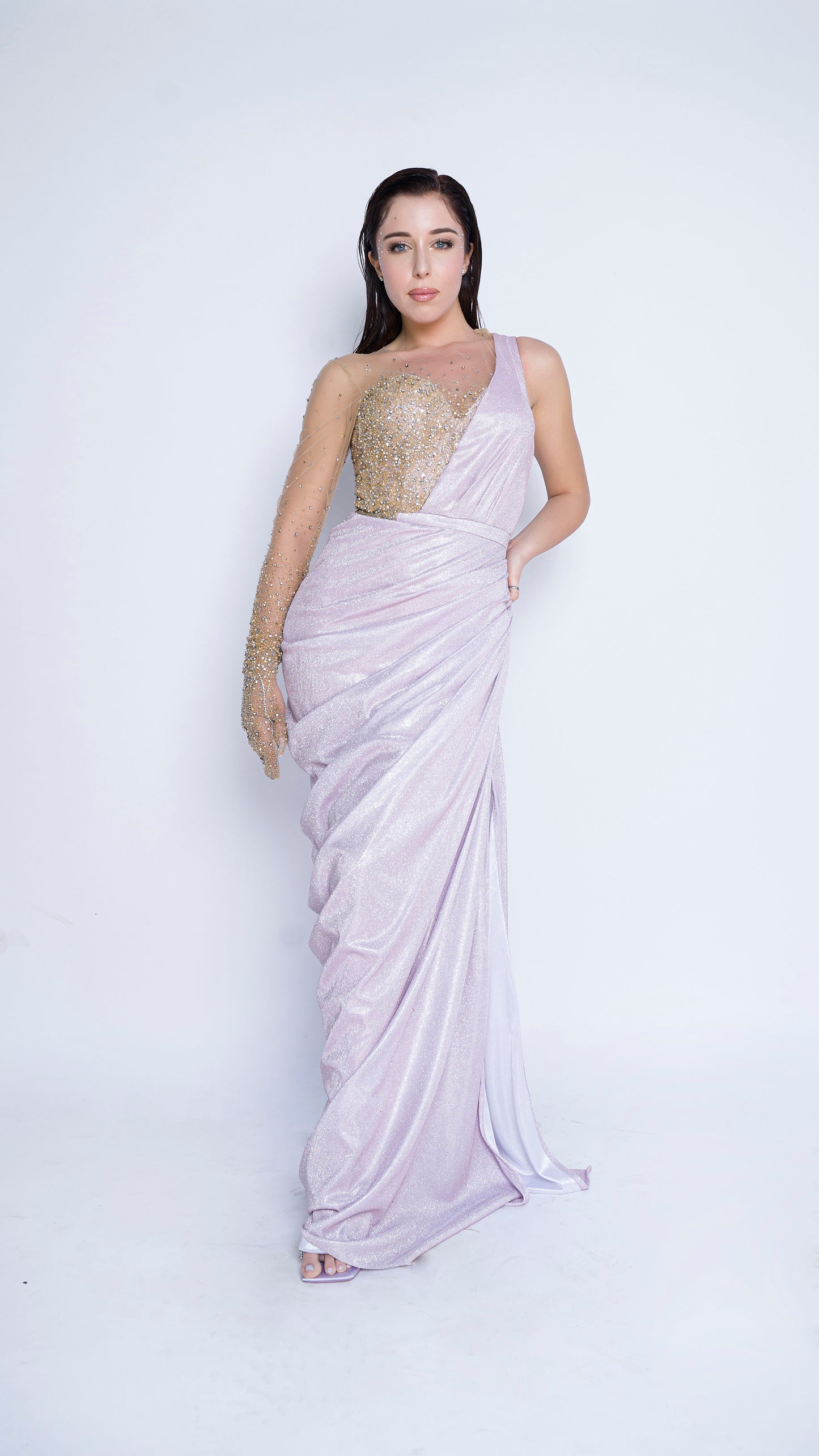 Shimmer soft pink starry embroidered gloves saree gown