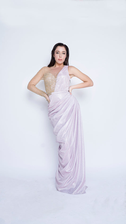 Shimmer soft pink starry embroidered gloves saree gown