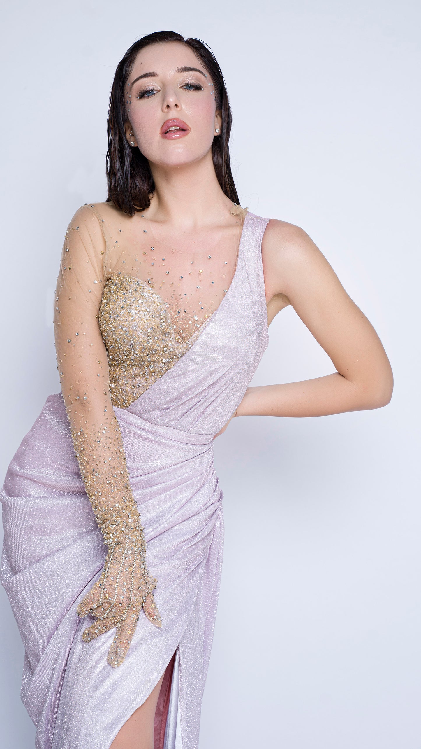 Shimmer soft pink starry embroidered gloves saree gown