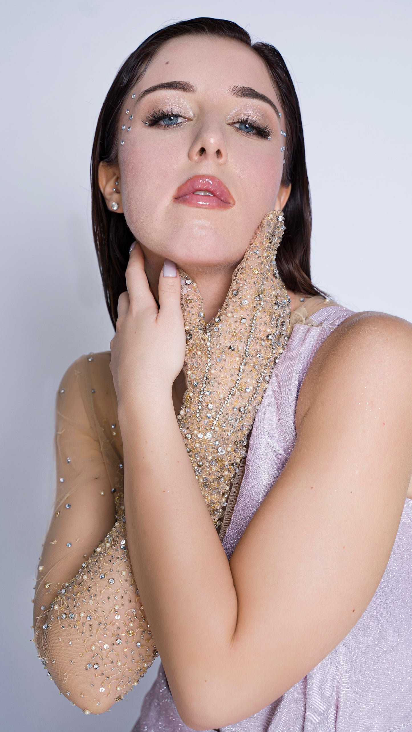 Shimmer soft pink starry embroidered gloves saree gown