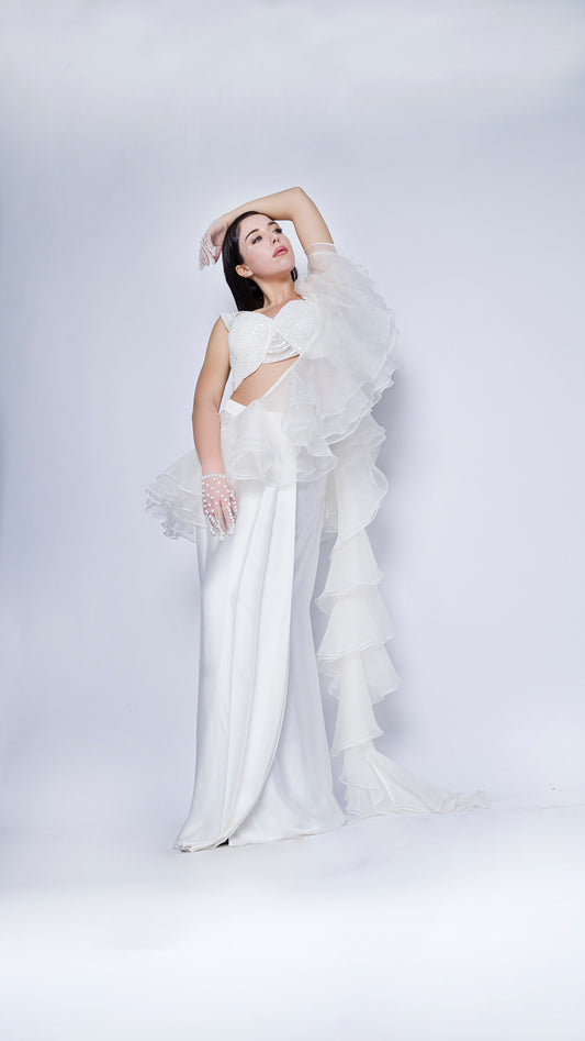 Pearl embellished blouse with organza ruffled draped gown