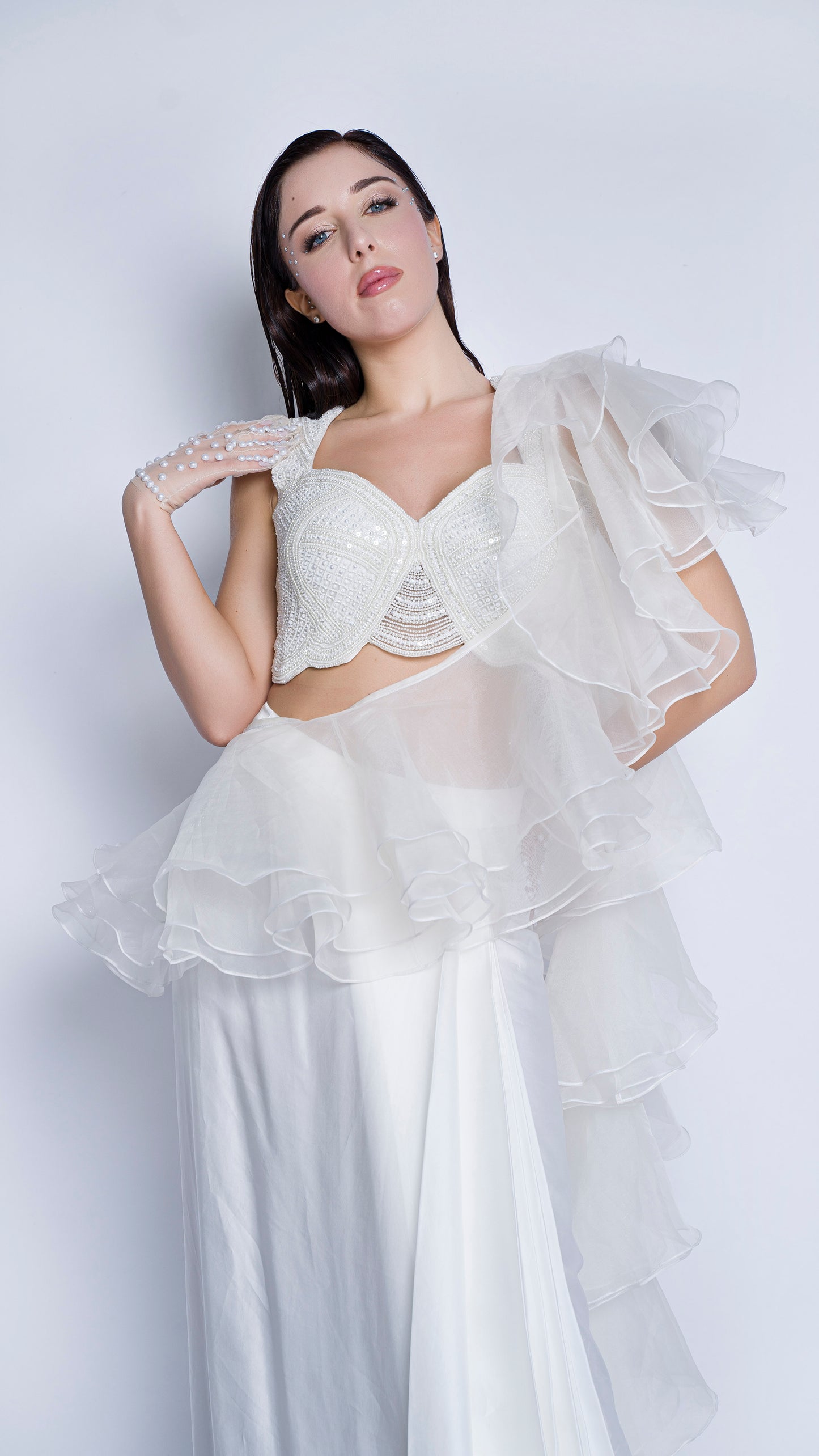 Pearl embellished blouse with organza ruffled draped gown