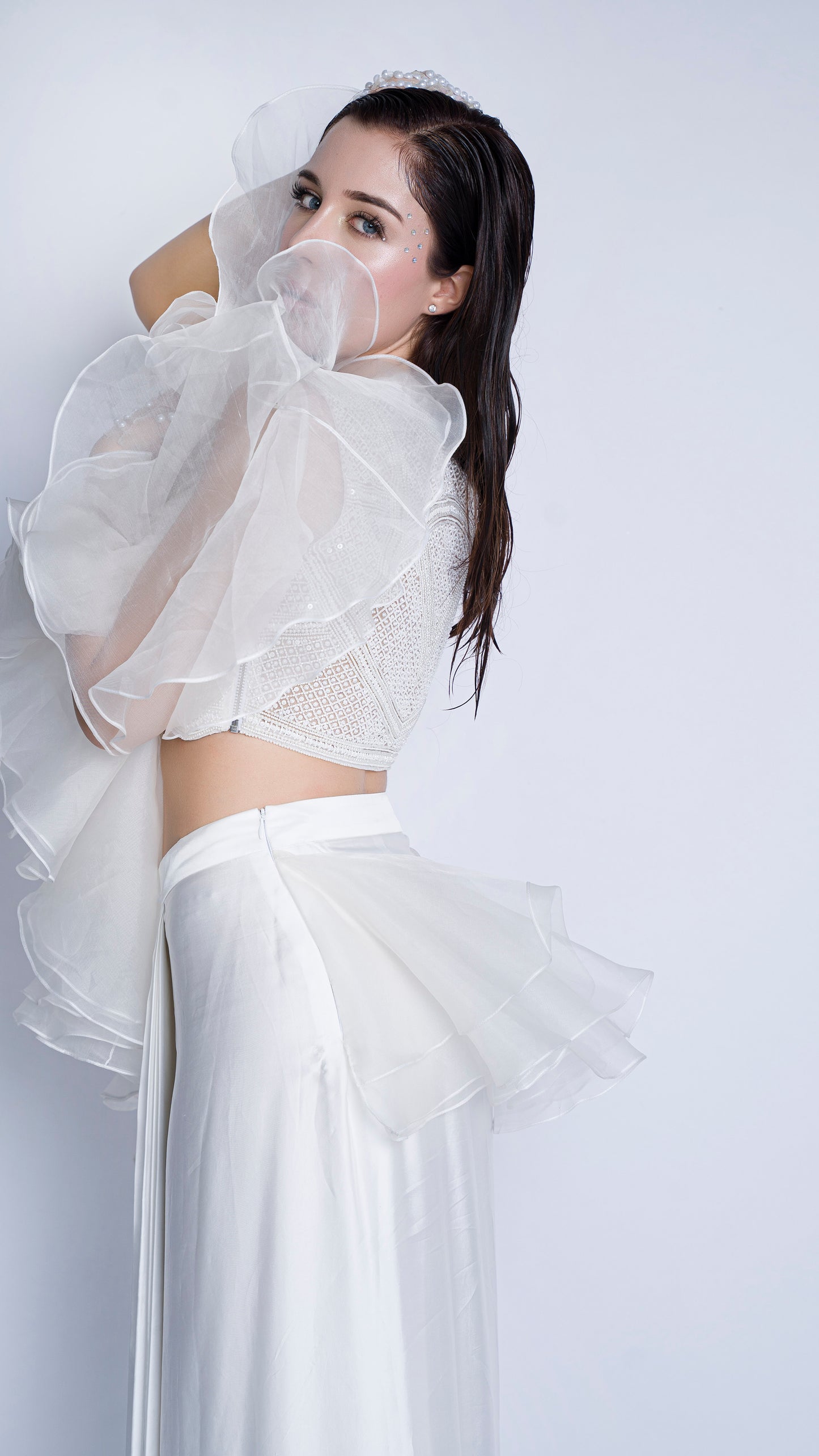 Pearl embellished blouse with organza ruffled draped gown