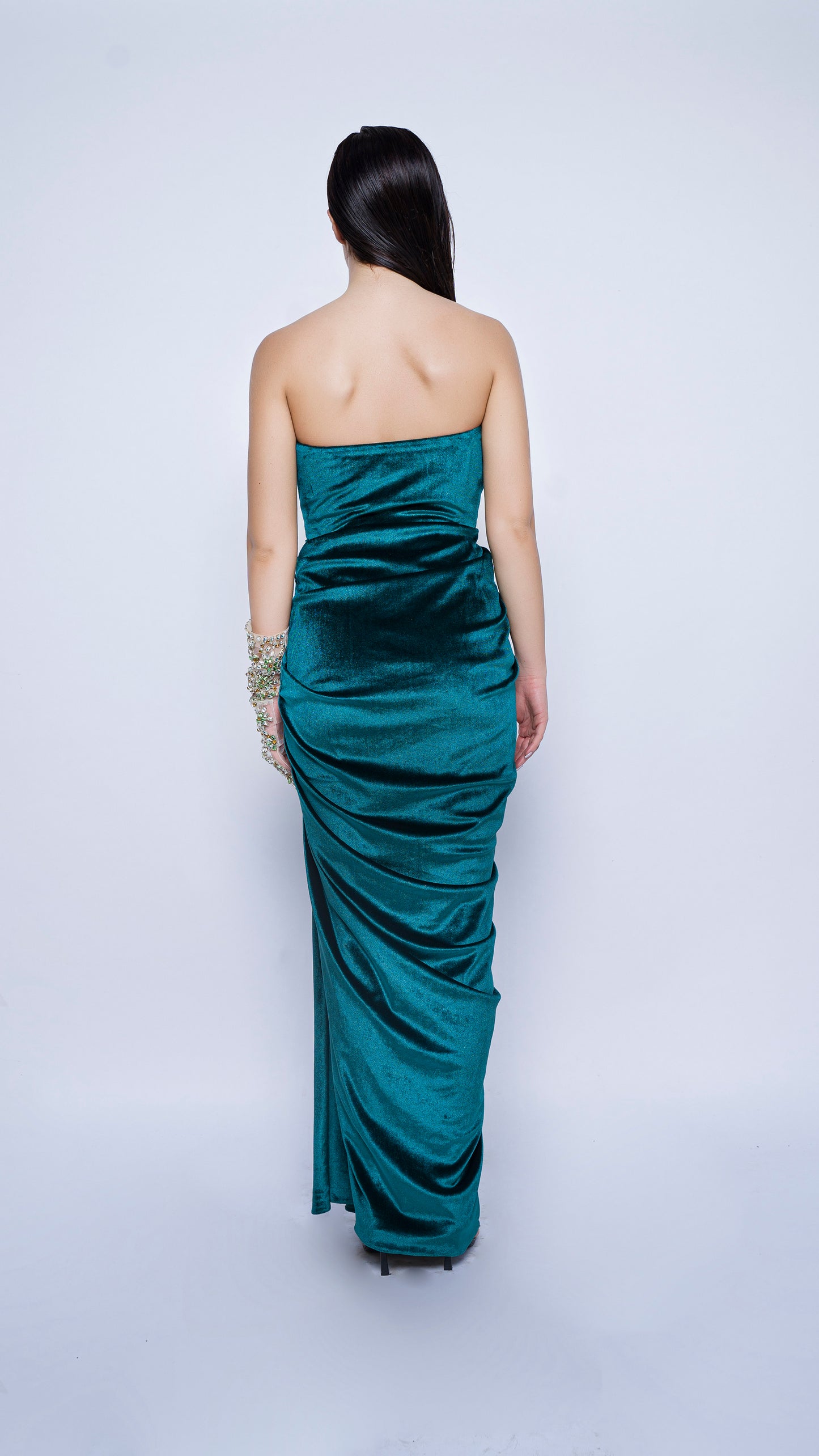 Teal green strapless velvet gown with crystal chainmail