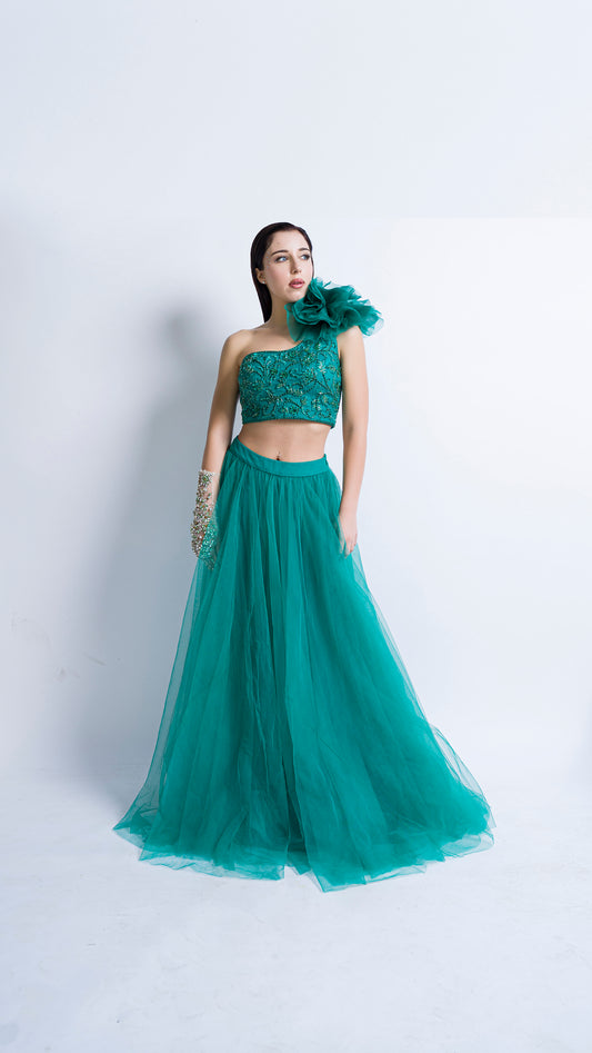 Teal green one shoulder rose embroidered lehenga set