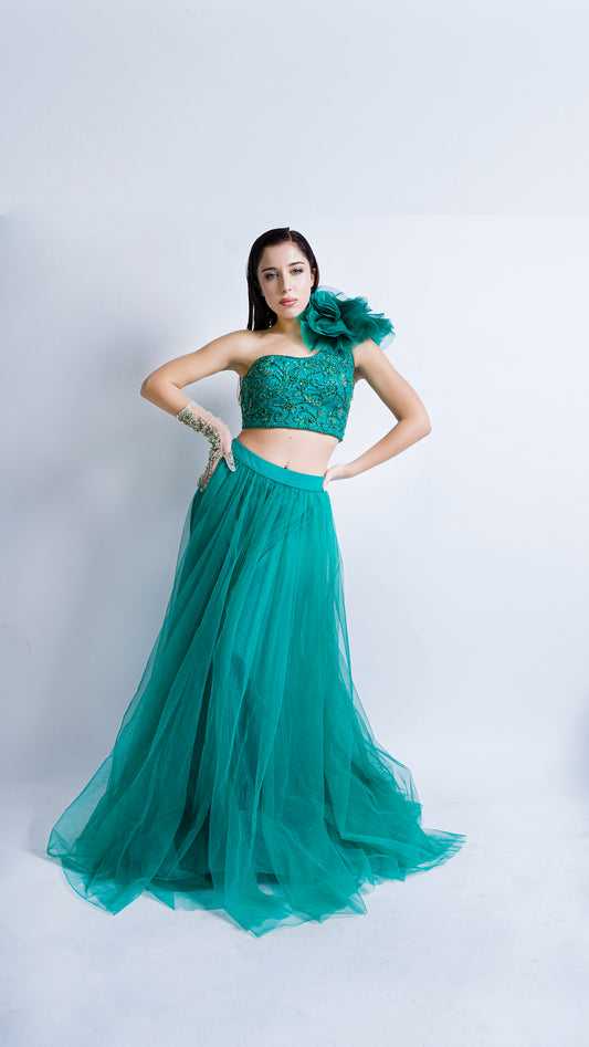 Teal green one shoulder rose embroidered lehenga set