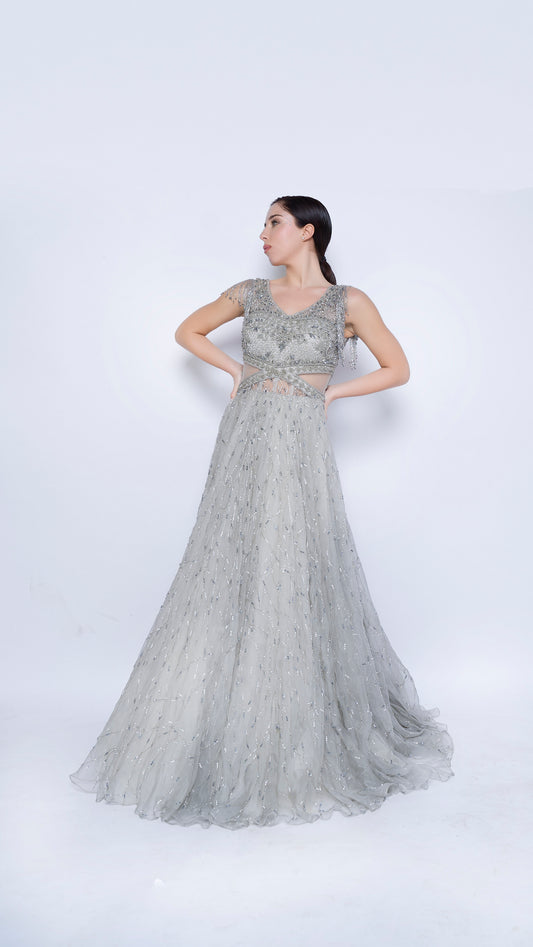 Stardust embroidered cutwaist flounce gown with sleeves tassels