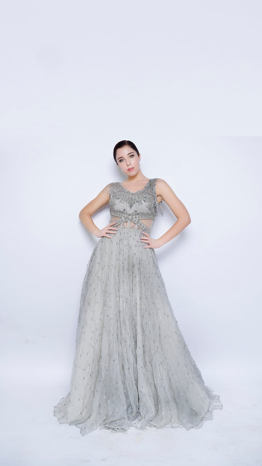 Stardust embroidered cutwaist flounce gown with sleeves tassels