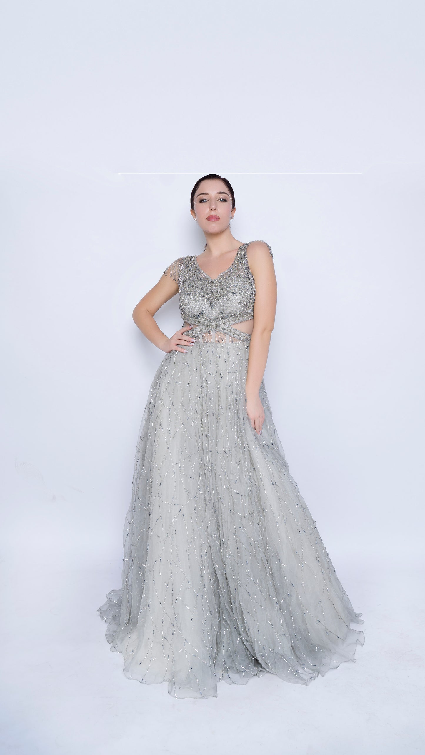 Stardust embroidered cutwaist flounce gown with sleeves tassels